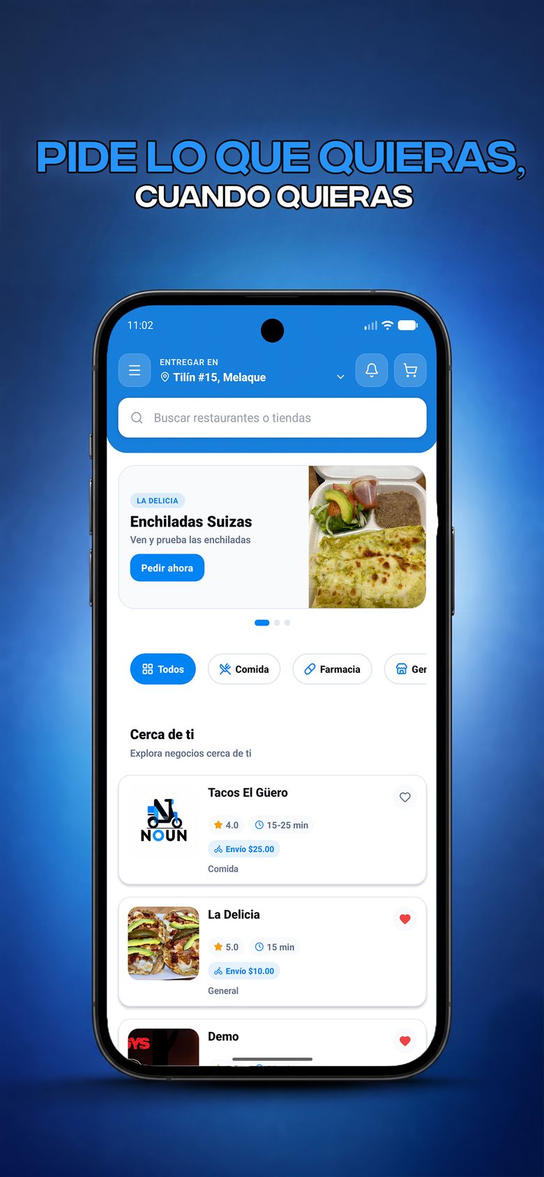 Pantalla de inicio de NOUN con restaurantes y promociones cercanas