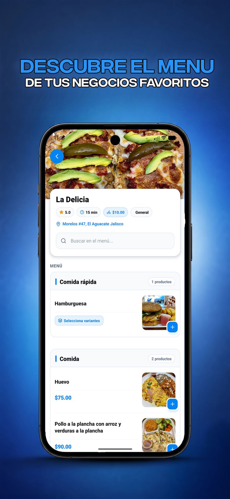 Menú de un negocio con productos, variantes y precios